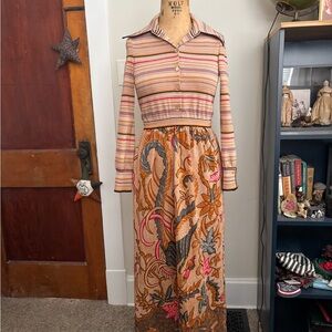 70s maxi dress with abstract print skirt and striped top